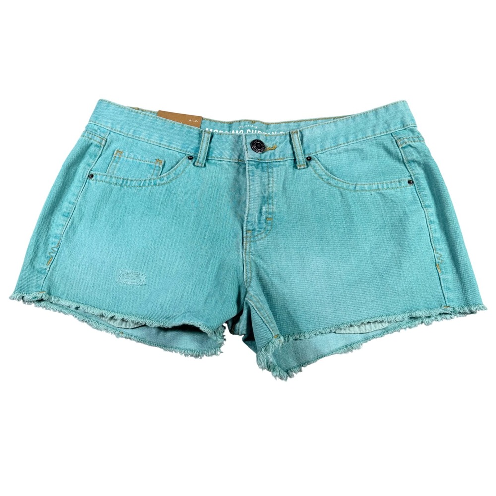 Mossimo Denim Shorts‎ Womens 15 (Waist 34) Teal Frayed Low Rise Fit 6 Cotton NEW